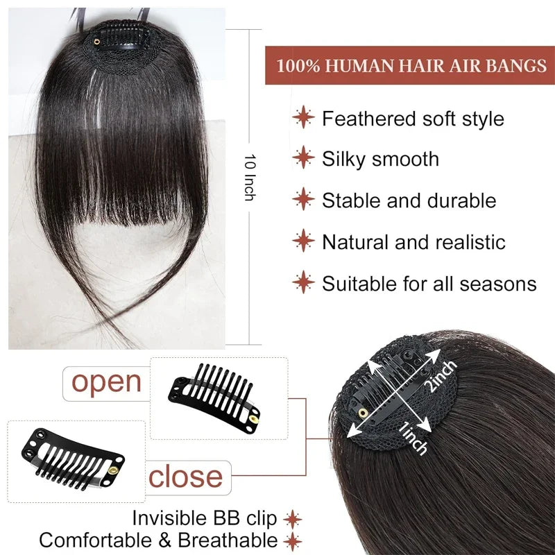 Invisible Air Bangs Clip-In – 100% Human Hair Fringe Extension for Women, Natural Look Styling Piece