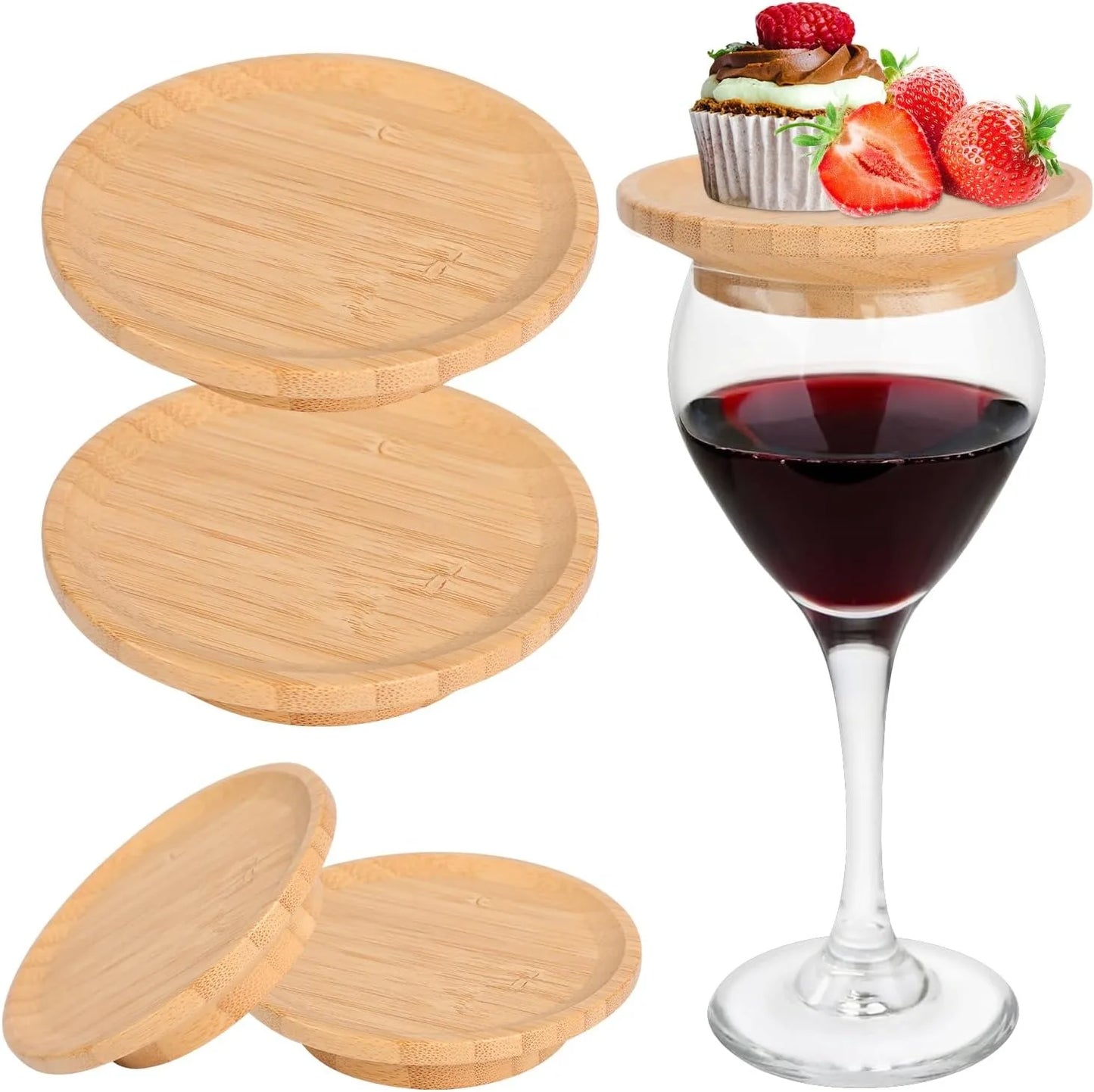 Bamboo Wine Glass Topper Charcuterie Plates – 1/2/4 Pcs Coaster Boards for Parties, Restaurants & Bars