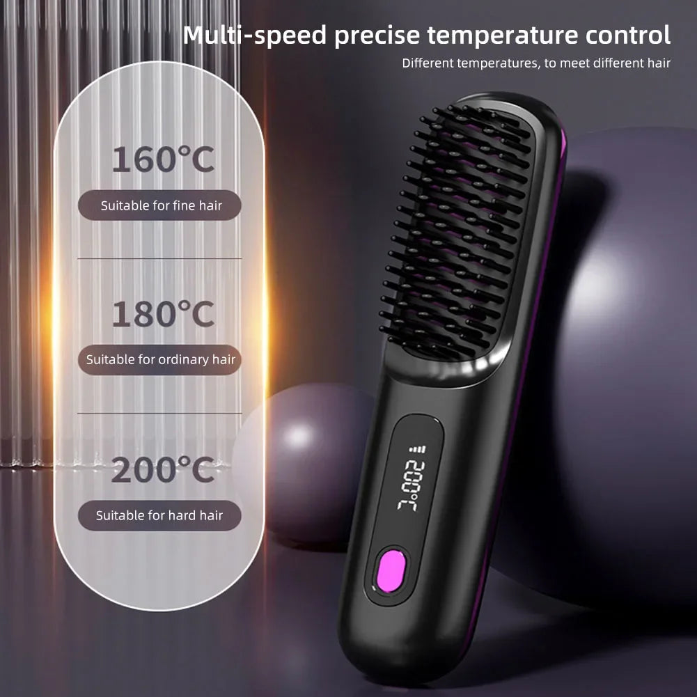 Cordless Rechargeable Hair Straightener Brush with Negative Ions – Effortless Styling for Fluffy, Curly Hair!