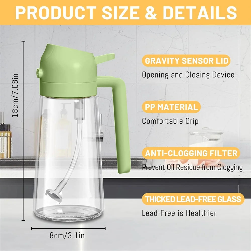 Glass Oil Dispenser – 2-in-1 Spray & Pour Bottle (470ml / 16oz) with Auto-Flip Lid & No-Drip Design