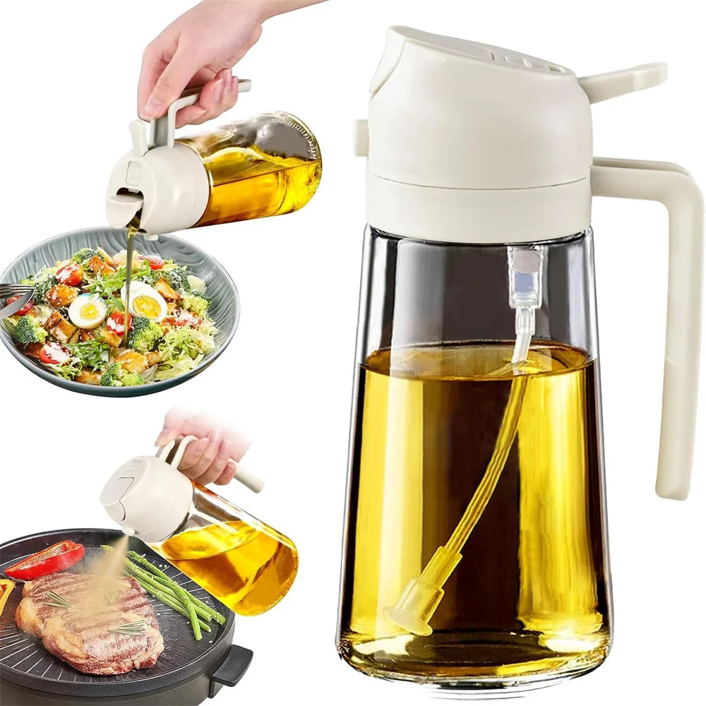 Glass Oil Dispenser – 2-in-1 Spray & Pour Bottle (470ml / 16oz) with Auto-Flip Lid & No-Drip Design