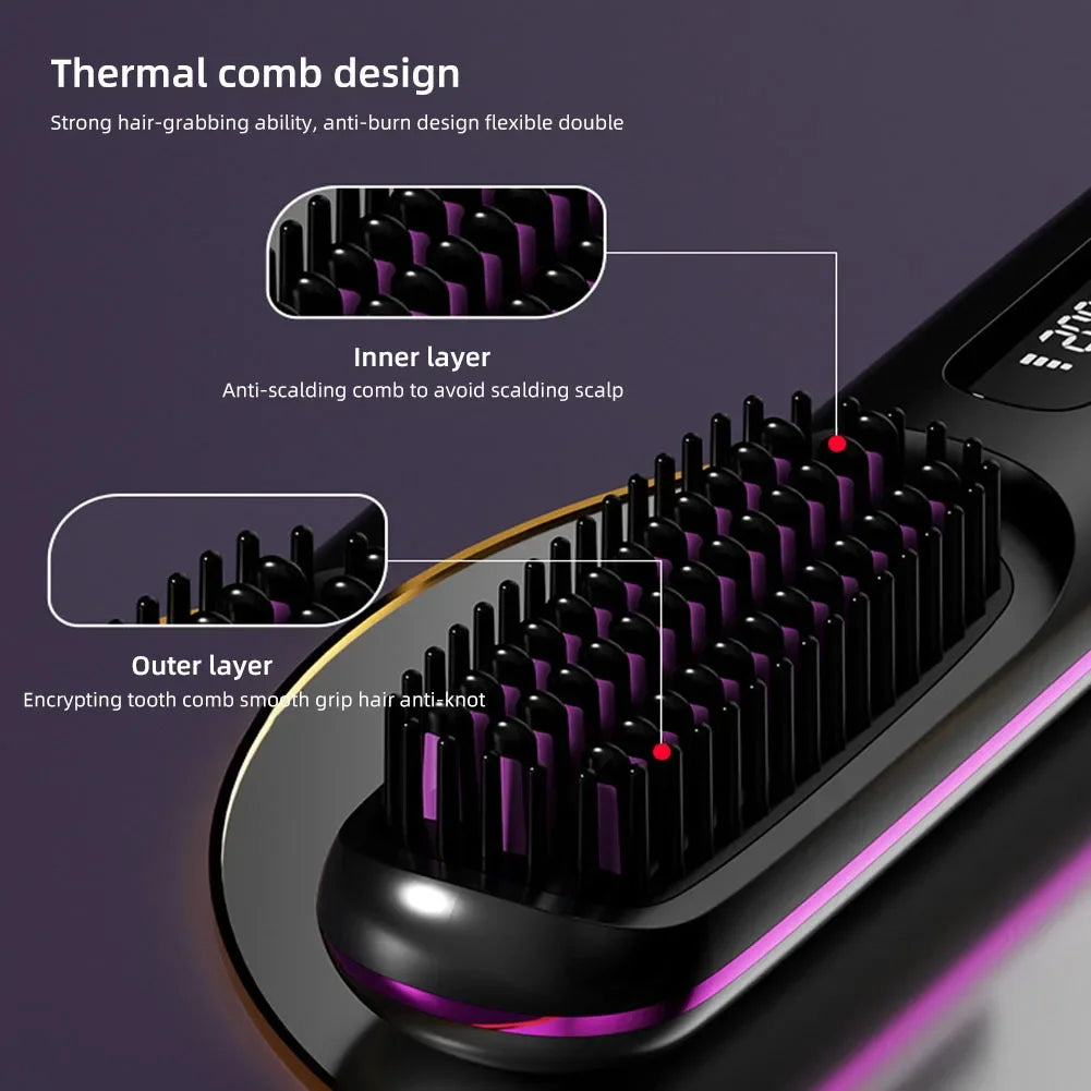 Cordless Rechargeable Hair Straightener Brush with Negative Ions – Effortless Styling for Fluffy, Curly Hair!