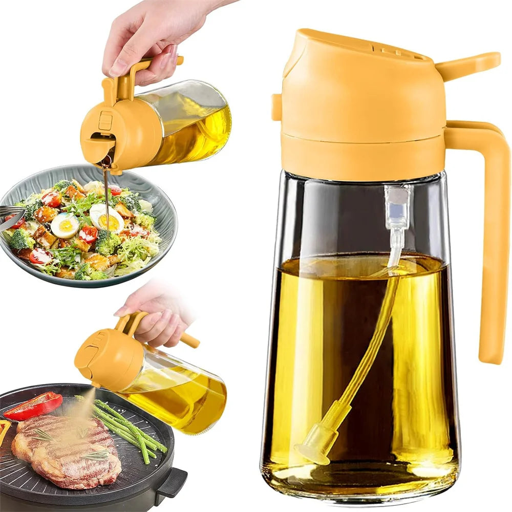 Glass Oil Dispenser – 2-in-1 Spray & Pour Bottle (470ml / 16oz) with Auto-Flip Lid & No-Drip Design