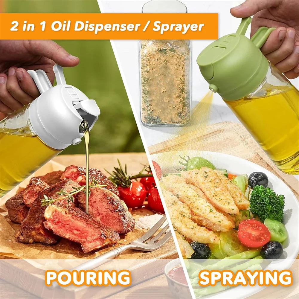 Glass Oil Dispenser – 2-in-1 Spray & Pour Bottle (470ml / 16oz) with Auto-Flip Lid & No-Drip Design