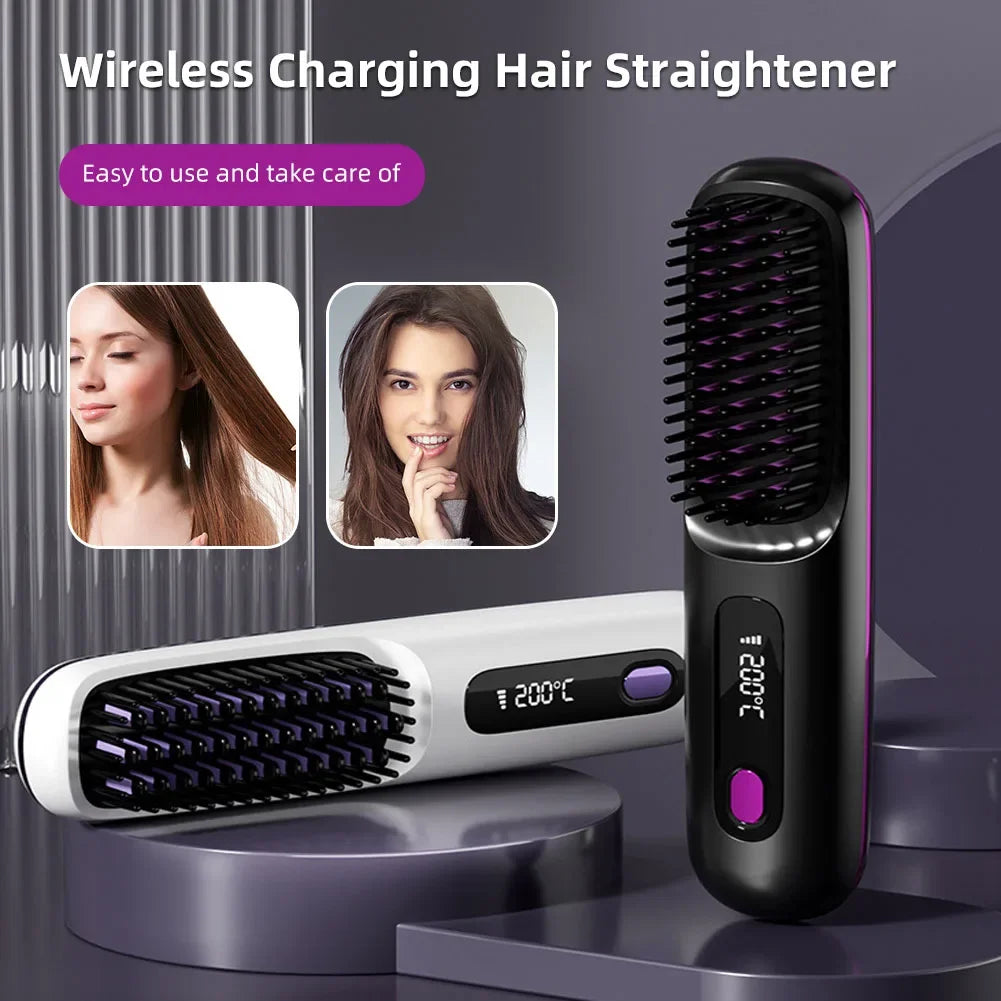 Cordless Rechargeable Hair Straightener Brush with Negative Ions – Effortless Styling for Fluffy, Curly Hair!