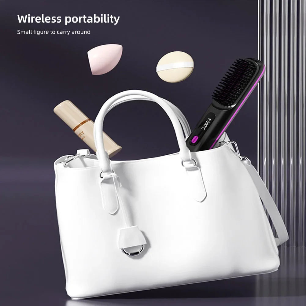 Cordless Rechargeable Hair Straightener Brush with Negative Ions – Effortless Styling for Fluffy, Curly Hair!