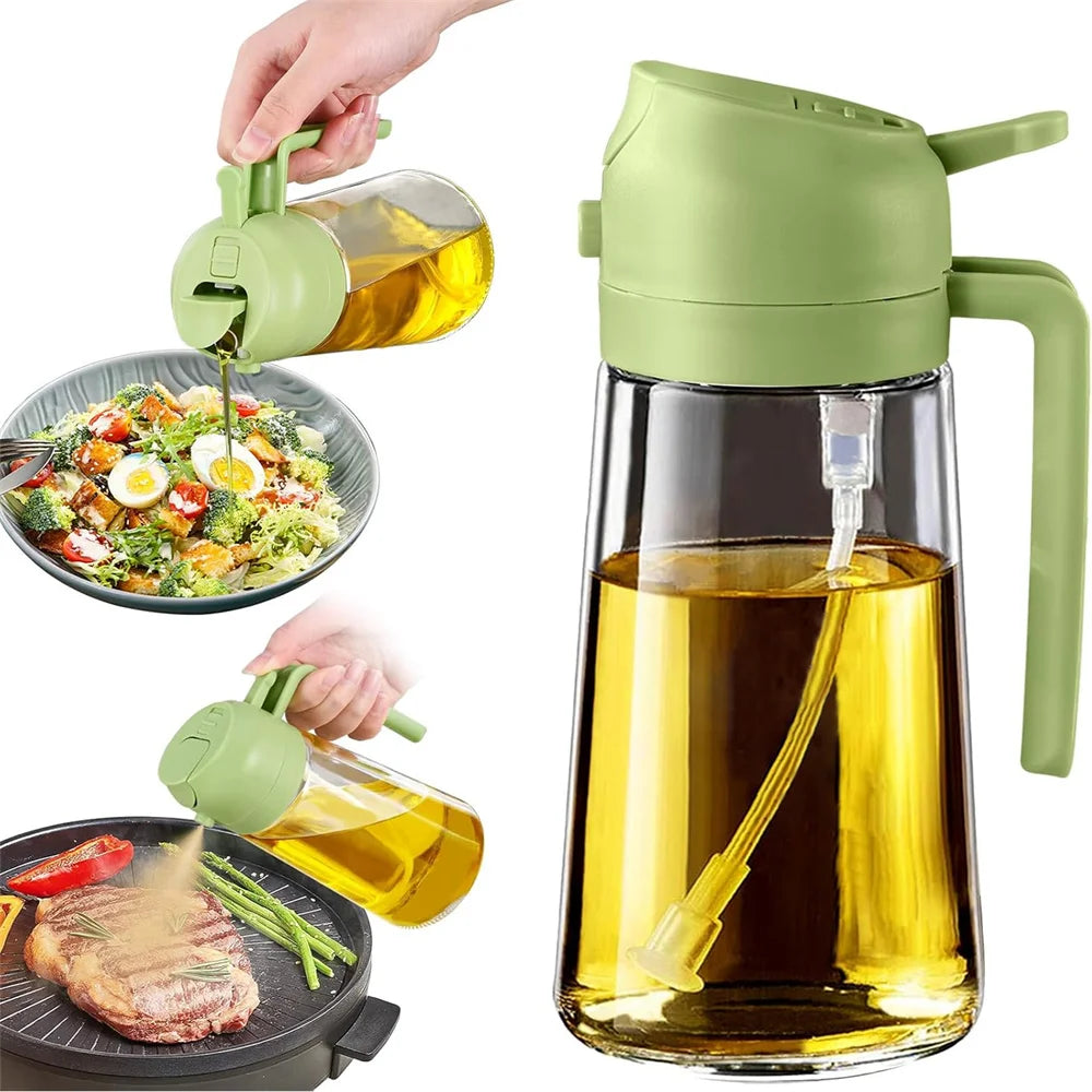 Glass Oil Dispenser – 2-in-1 Spray & Pour Bottle (470ml / 16oz) with Auto-Flip Lid & No-Drip Design