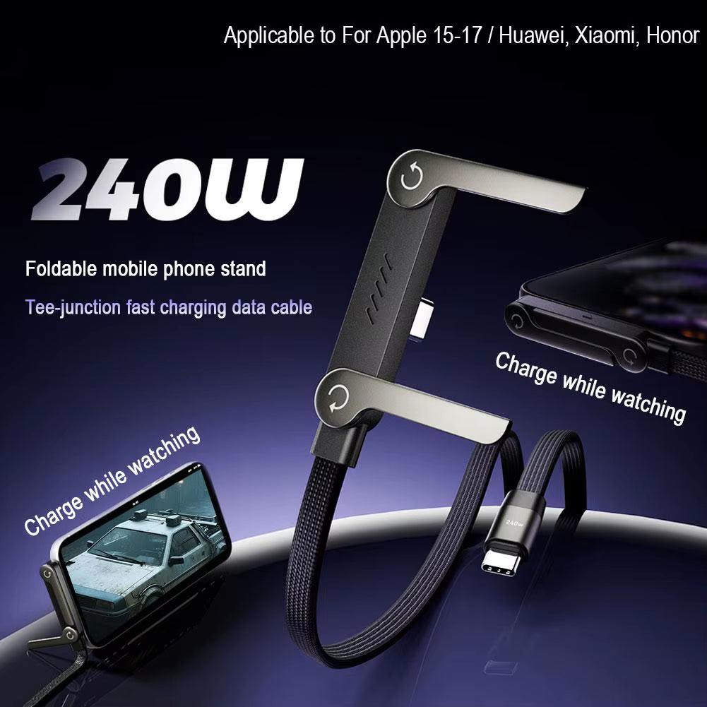 240W Fast Charging Foldable Bracket Data Cable with Built-In Holder 360° Rotation Type-C to Type-C Uninterrupted Gaming 2026NEW