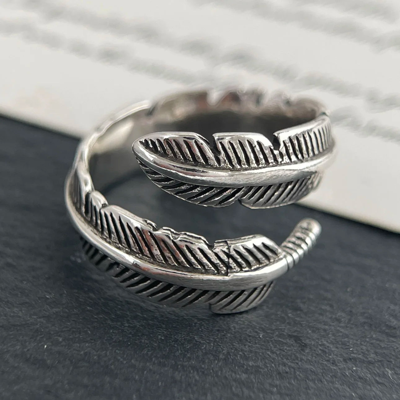925 Sterling Silver Rings for Women Men Wide Vintage Feather Open Ring for Birthday Party Gift