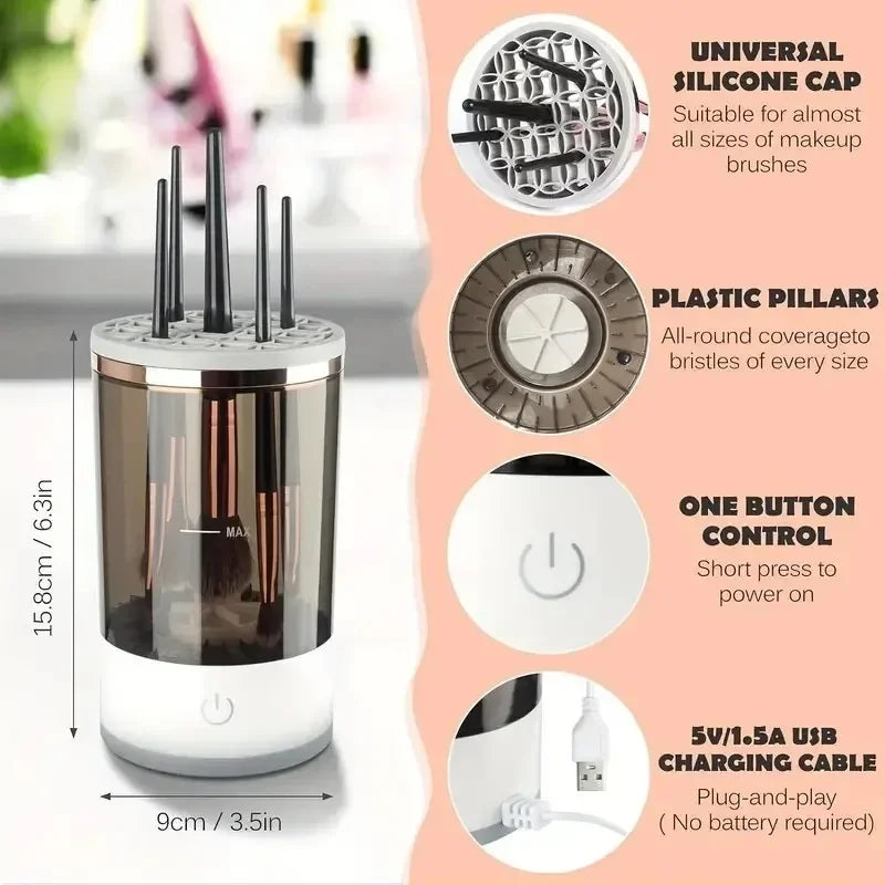 Rechargeable Electric Makeup Brush Cleaner – Quick & Portable USB Brush Washing Machine with 8 Collars
