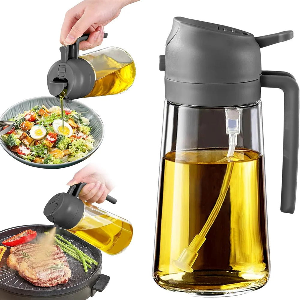 Glass Oil Dispenser – 2-in-1 Spray & Pour Bottle (470ml / 16oz) with Auto-Flip Lid & No-Drip Design