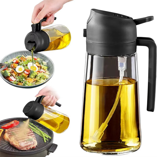 Glass Oil Dispenser – 2-in-1 Spray & Pour Bottle (470ml / 16oz) with Auto-Flip Lid & No-Drip Design