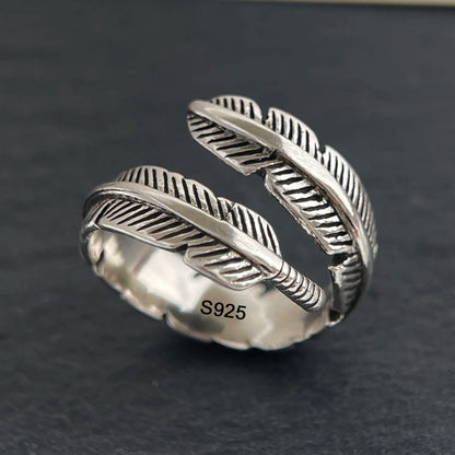 925 Sterling Silver Rings for Women Men Wide Vintage Feather Open Ring for Birthday Party Gift