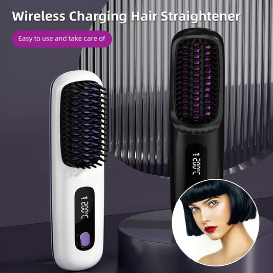Cordless Rechargeable Hair Straightener Brush with Negative Ions – Effortless Styling for Fluffy, Curly Hair!